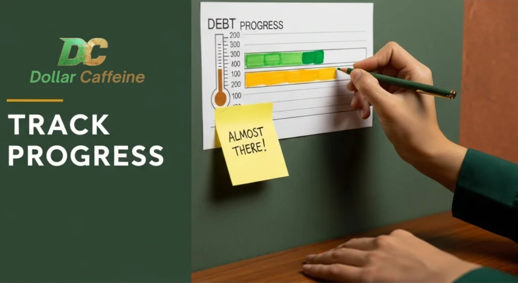 
A hand tracking debt progress on a color-coded chart, with a sticky note saying "Almost There!"