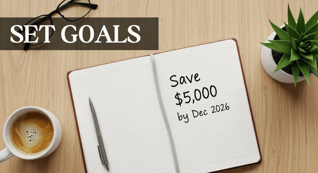 Notebook on a desk displaying the financial goal: "Save $5,000 by Dec 2026," representing how to set goals.