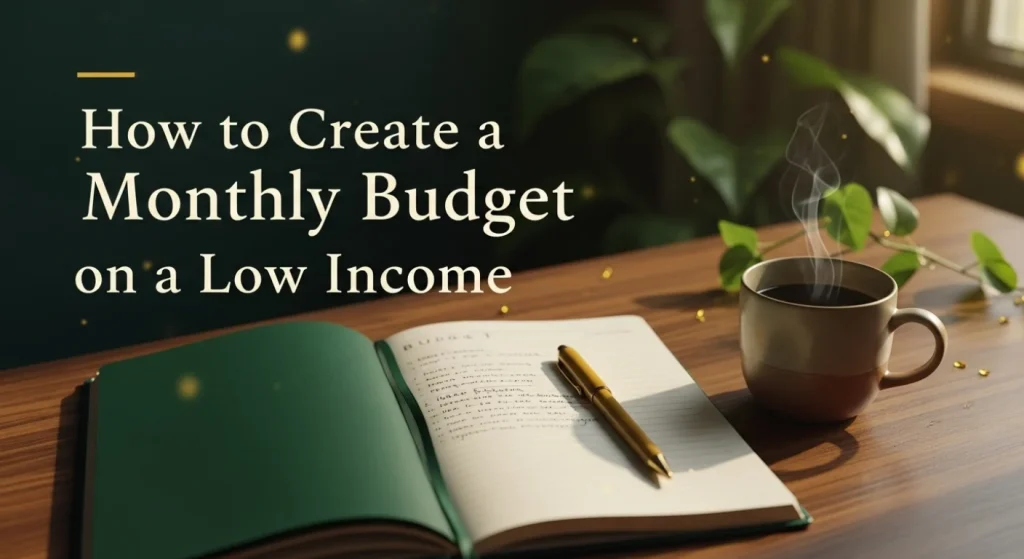 A notebook and pen with a cup of coffee on a desk, illustrating how to create a monthly budget on a low income.
