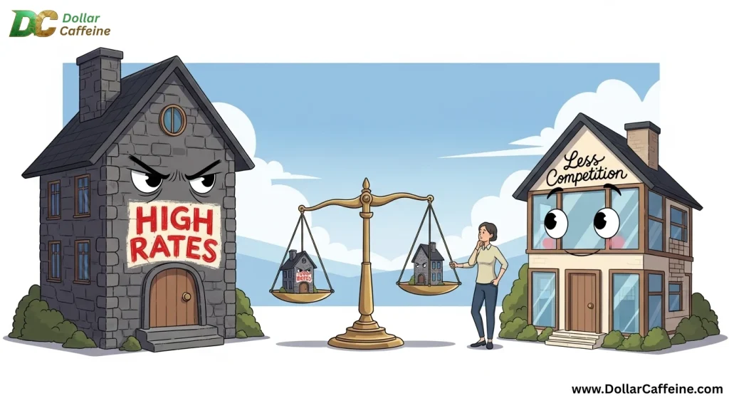 Cartoon illustration comparing the negative impact of HIGH RATES to the benefit of Less Competition in the housing market using two houses and a scale.
