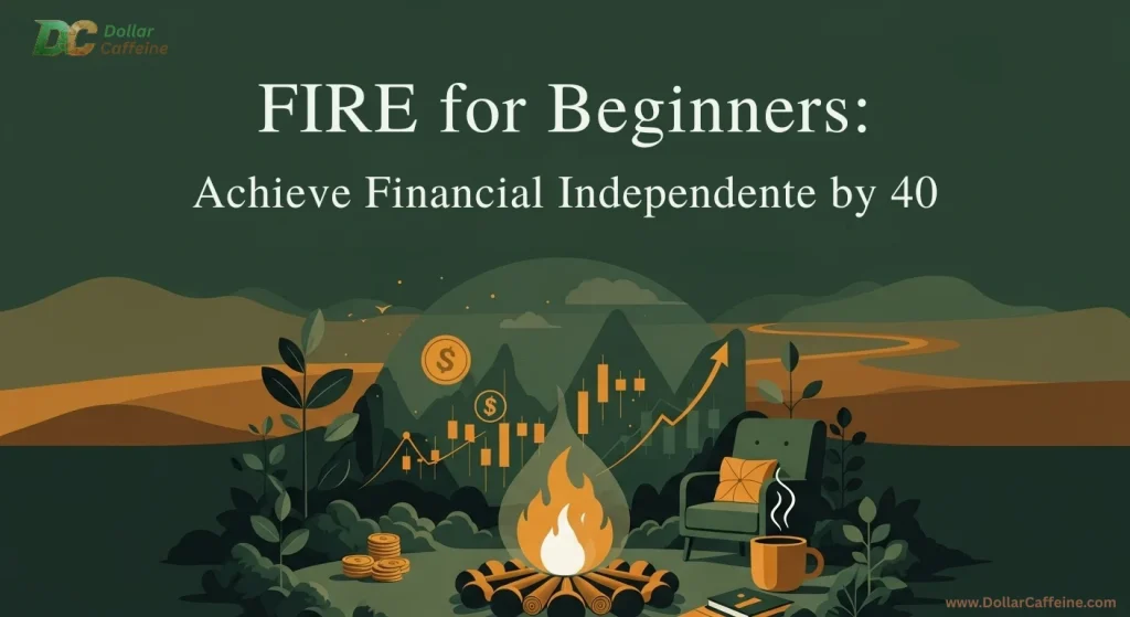 An illustration showing a campfire, a chart with an upward trend, and a cozy armchair, representing the journey to Financial Independence, Retire Early (FIRE) by 40." Fire for beginners
