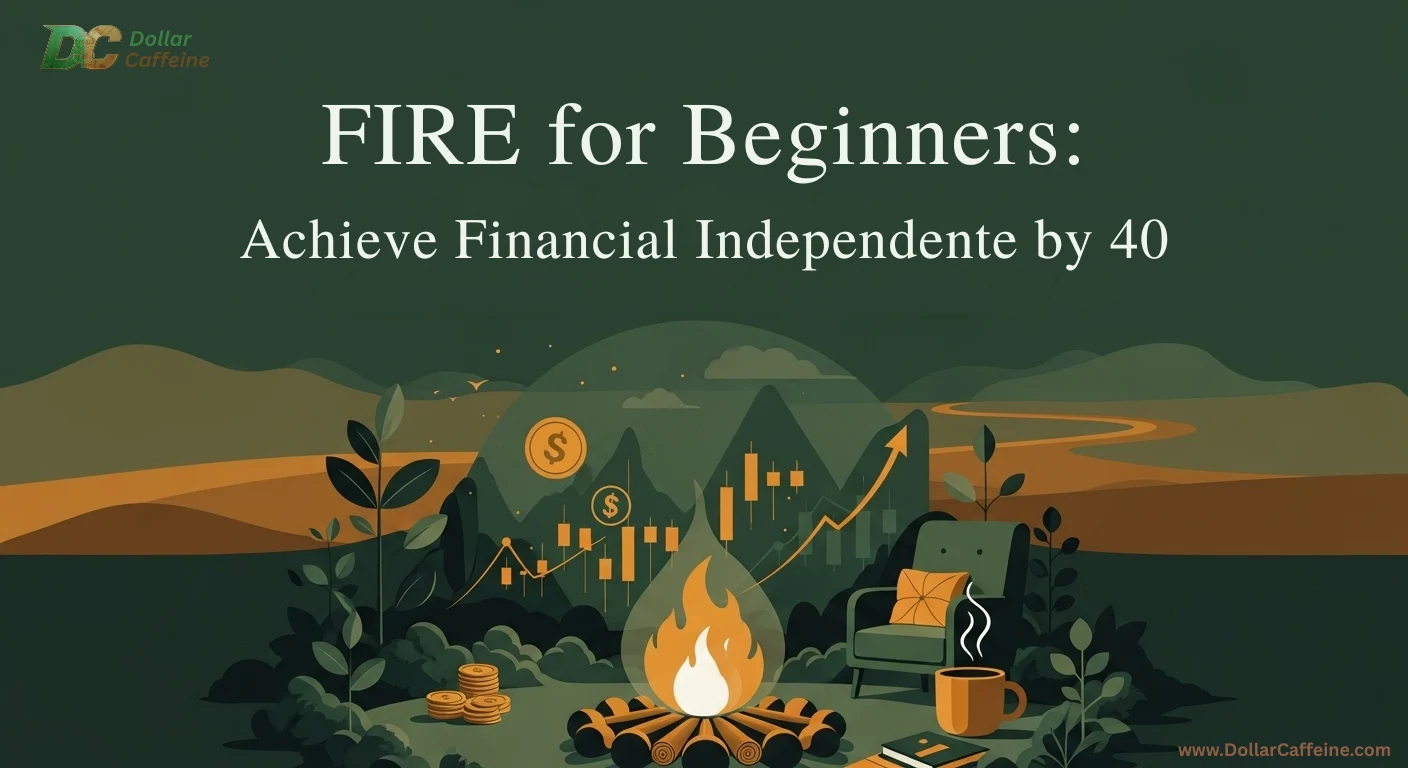 An illustration showing a campfire, a chart with an upward trend, and a cozy armchair, representing the journey to Financial Independence, Retire Early (FIRE) by 40." Fire for beginners