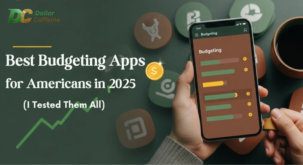 A person holding a smartphone displaying a budgeting app, with various financial icons in the background, representing best budgeting apps for Americans."