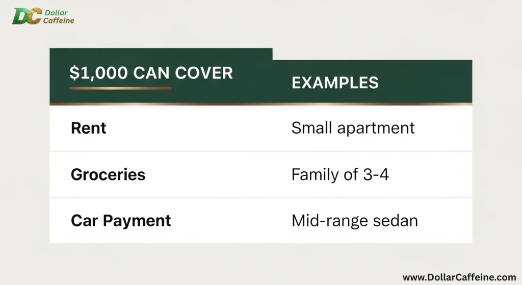 "An informational graphic from Dollar Caffeine illustrating what $1,000 can cover. The chart shows examples for rent (small apartment), groceries (family of 3-4), and a car payment (mid-range sedan), targeting keywords related to personal finance, budgeting, and cost of living. showing 10 Side Hustles to Earn