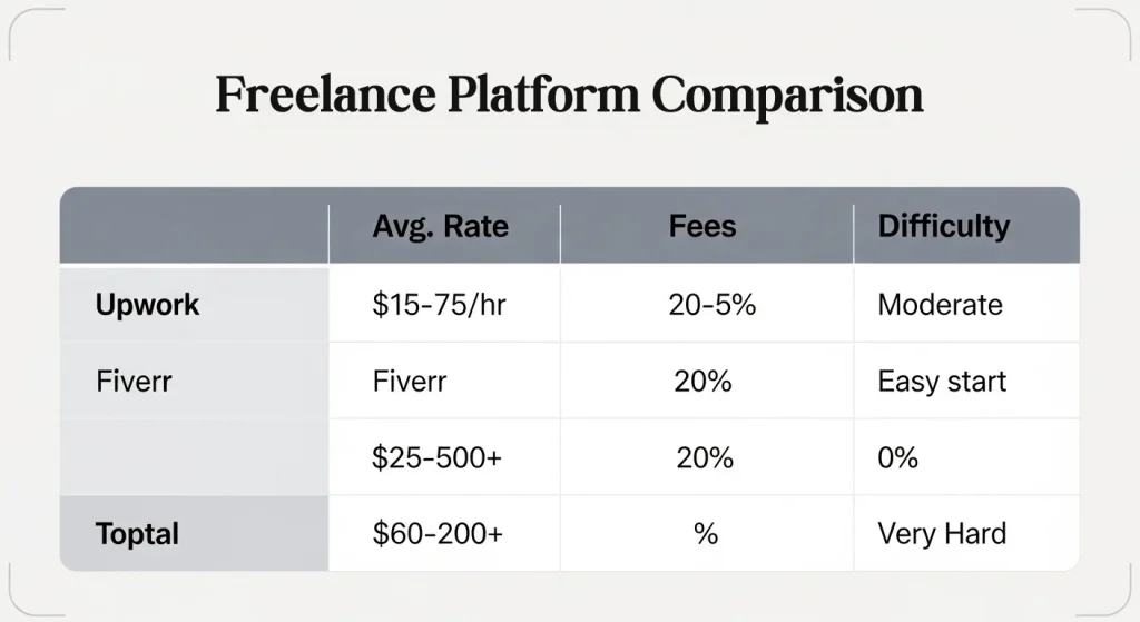 Table comparing freelance platforms Upwork, Fiverr, and Toptal, showing average hourly rates, fees, and difficulty. showing which is the best platforms for freelancing  "