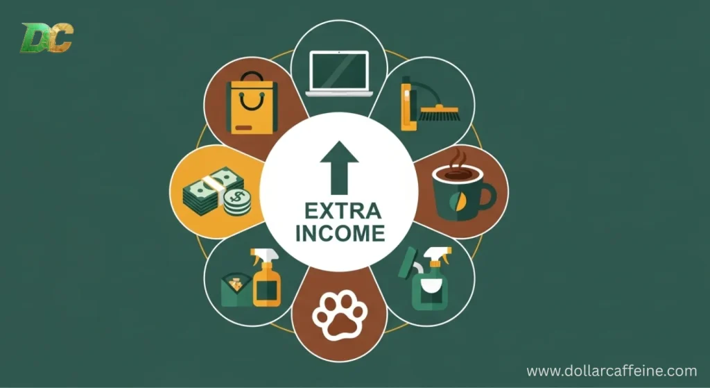 
An infographic illustrating ways to earn extra income, with icons for a laptop, cleaning supplies, and pet care.