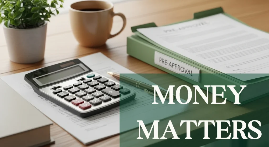 Calculator and pen on top of pre-approval documents in a green folder, representing that MONEY MATTERS when dealing with home loans