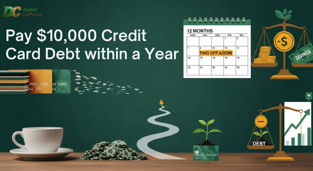 An illustration of credit card debt reduction, showing a calendar, a savings scale, and a plant growing from a credit card showing how to pay credit card debt in one year