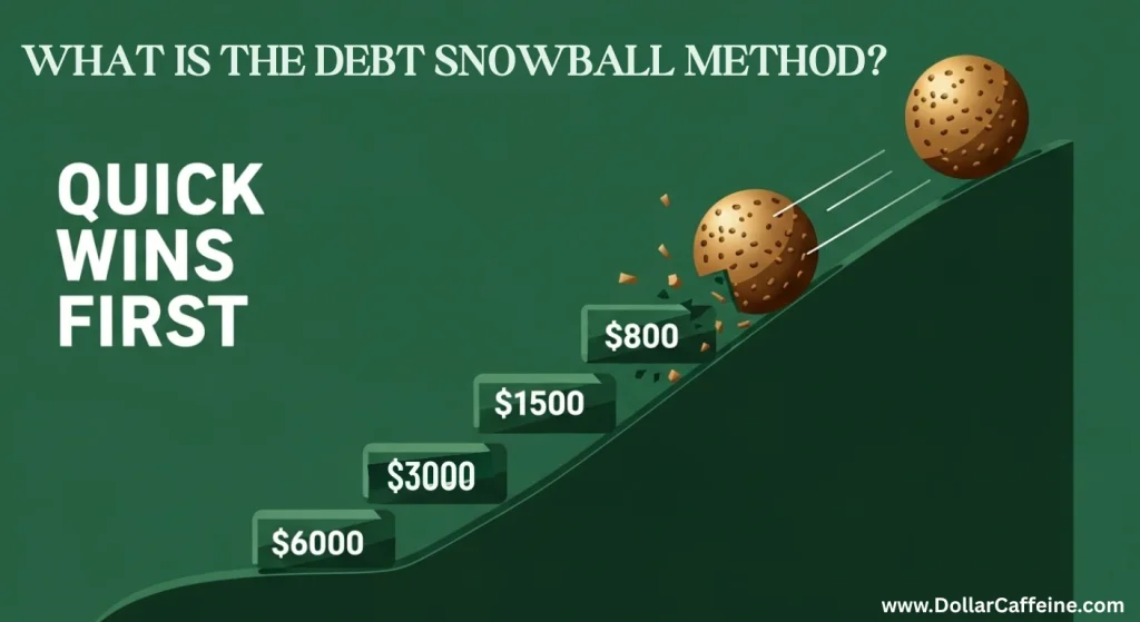 An illustration of the debt snowball method, showing a snowball rolling downhill to pay off smaller debts first.