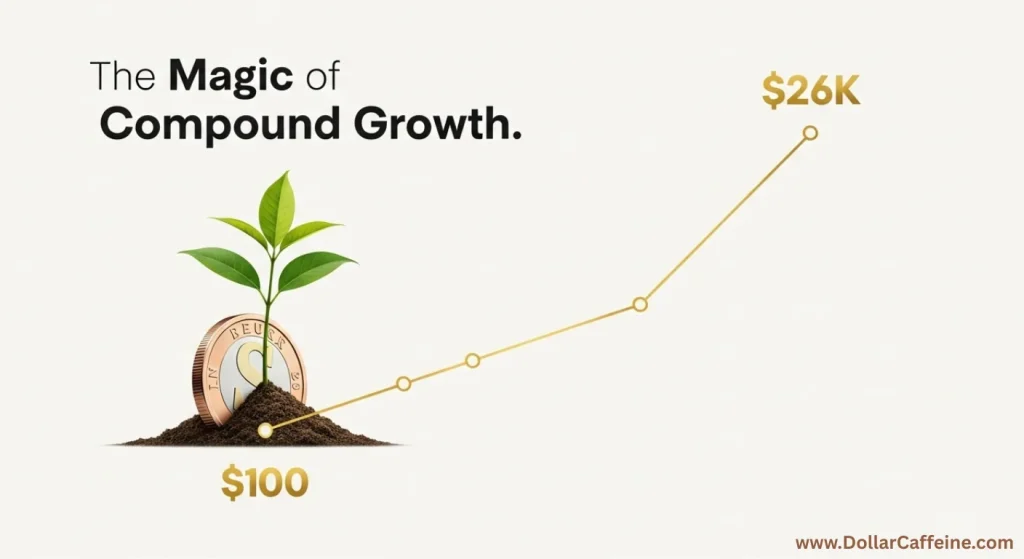  A visual representation of compound growth, showing $100 growing to $26k over time.How to Start Investing with $100