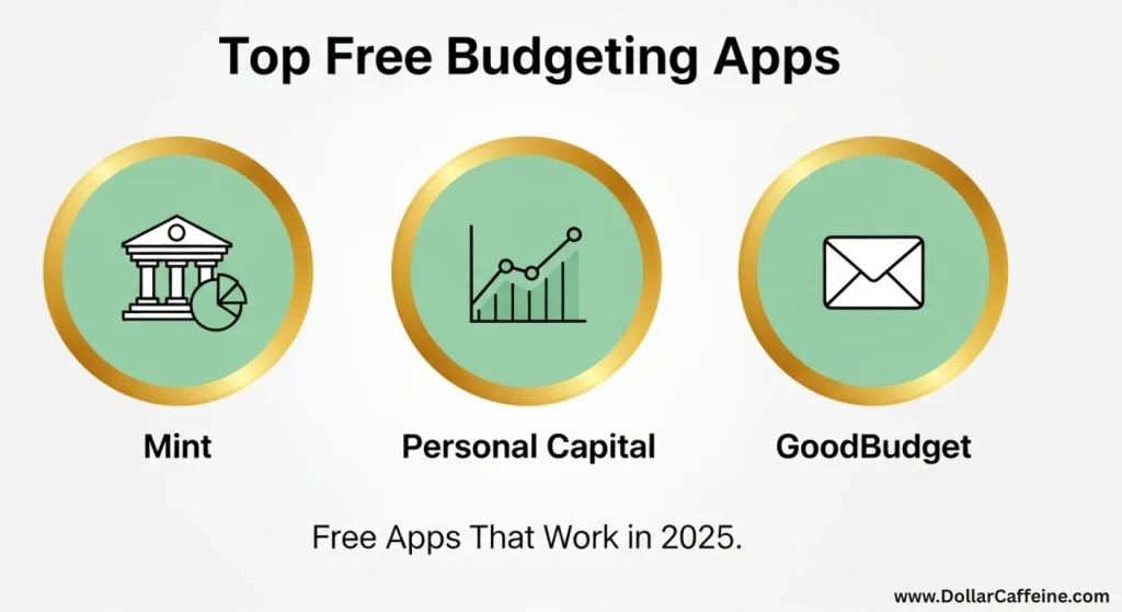 Three icons representing Mint, Personal Capital, and GoodBudget, highlighting top free budgeting apps available in 2025."