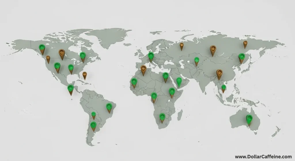 World map with green and brown location pins, representing a global reach for Dollar Caffeine's services.
