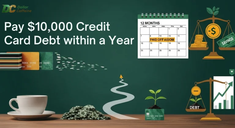 An illustration of credit card debt reduction, showing a calendar, a savings scale, and a plant growing from a credit card showing how to pay credit card debt in one year
