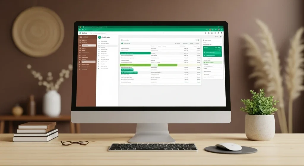 A desktop computer on a wooden desk showing financial software with a plant and books near