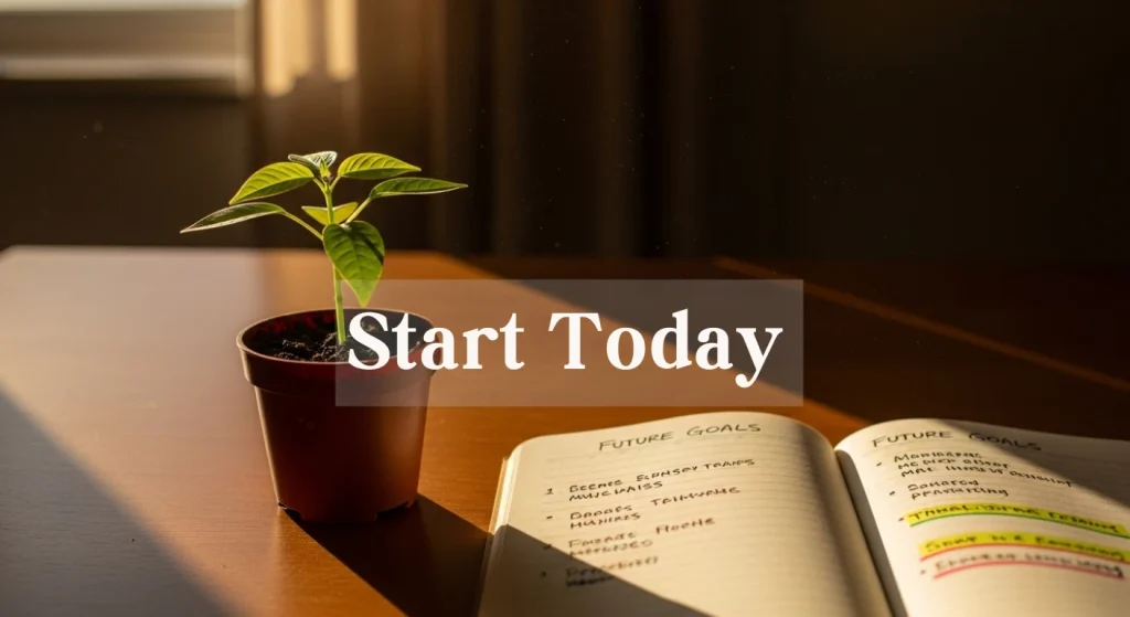 Small seedling next to a notebook with future goals written down, encouraging people to start today.