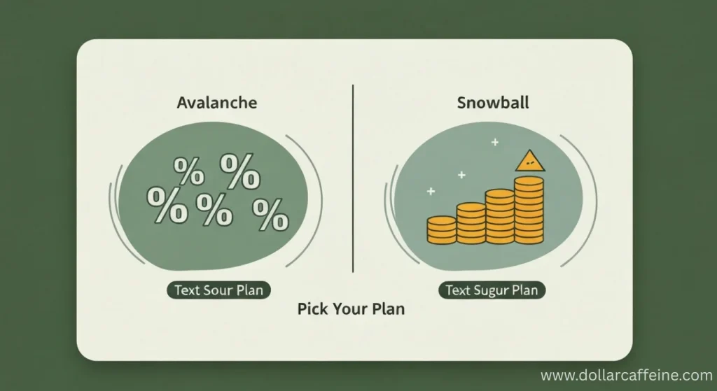 An infographic comparing the debt avalanche and debt snowball methods, with icons for percentages and stacked coins.
