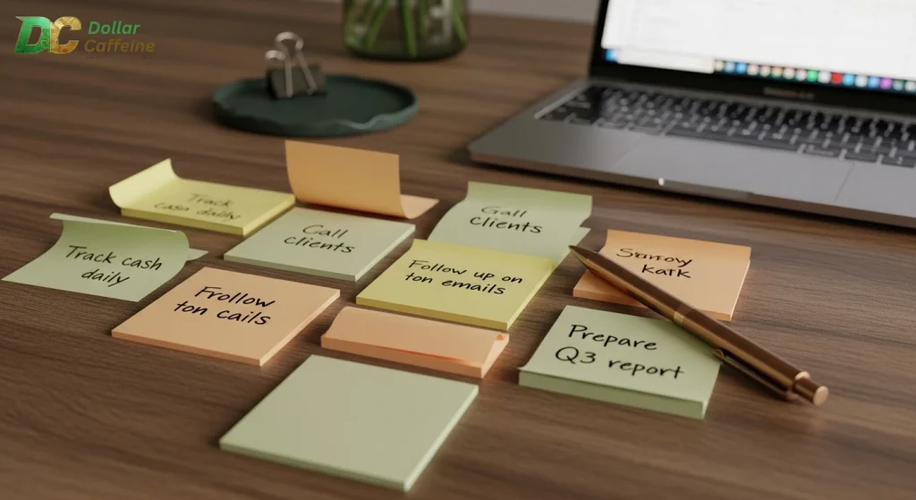 A wooden desk with a laptop, a pen, and several sticky notes with business tasks written on them, such as "Call Clients" and "Prepare Q3 report.