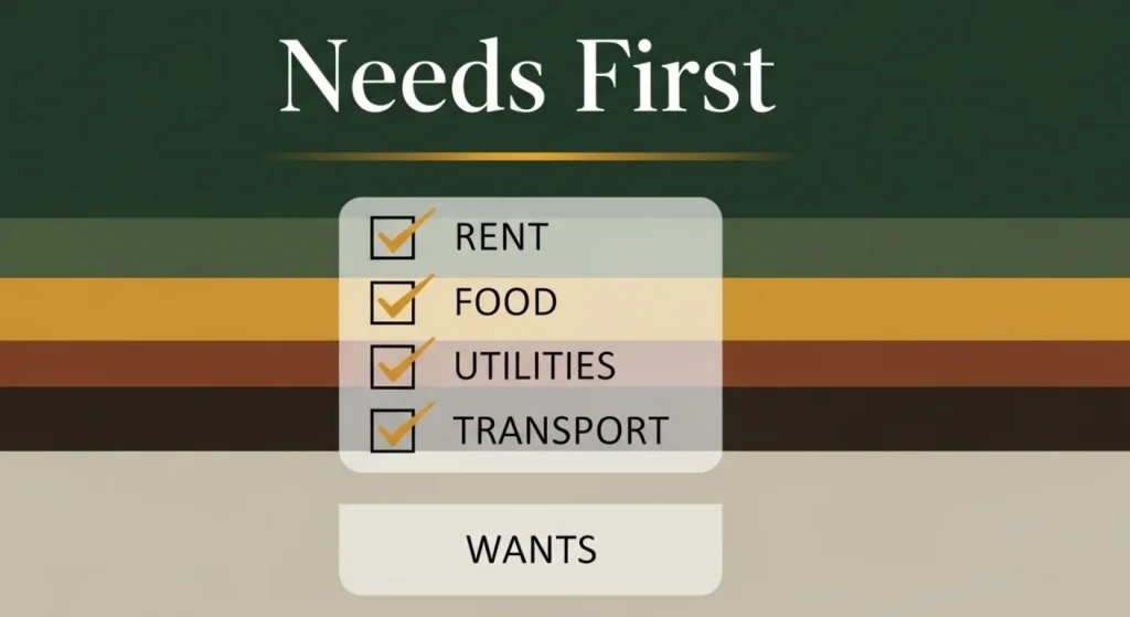 An image showing "Needs First" with a checklist of rent, food, utilities, and transport, above a "Wants" box for budgeting.