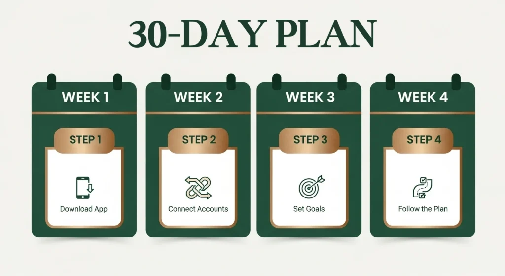Infographic of a 30-Day Plan showing 4 steps: Download App, Connect Accounts, Set Goals, and Follow the Plan.