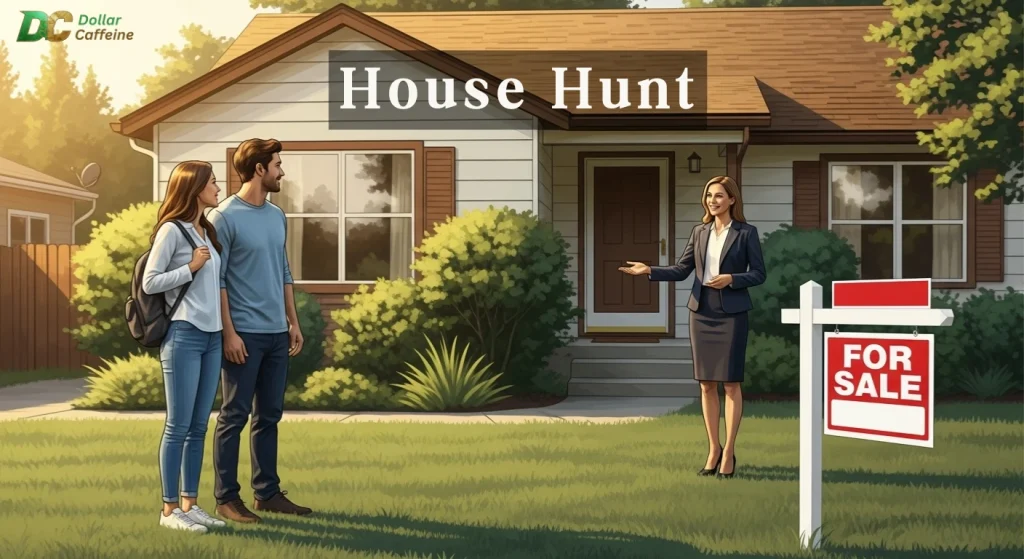 
A digital illustration shows a young couple (a man and a woman) standing on a grassy lawn looking at a house. A female real estate agent in a business suit stands between them and a "FOR SALE" sign, gesturing toward the house. The words "House Hunt" are overlaid on the image, and a small logo with "DC Dollar Caffeine" is in the top left corner