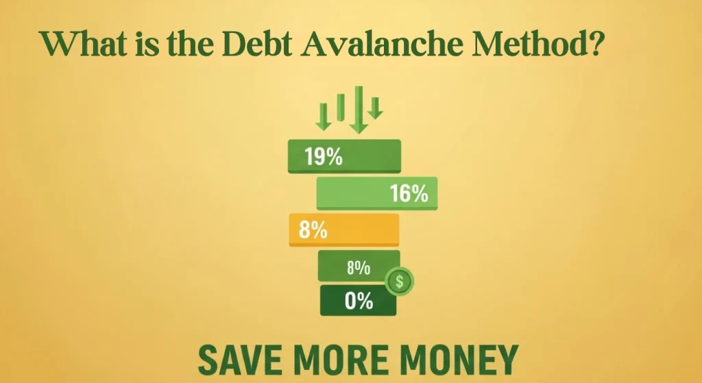 A graphic explaining the debt avalanche method, showing how to pay off debts by interest rate.