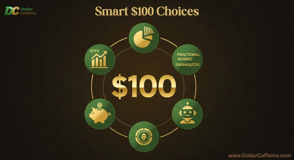  A graphic detailing smart choices for investing $100, including ETFs and fractional shares.