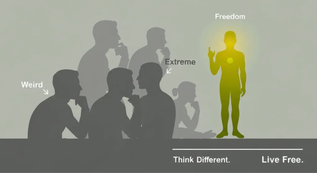 A graphic depicting silhouettes of people with one brightly lit figure, symbolizing the 'Think Different, Live Free' mindset for financial freedom."