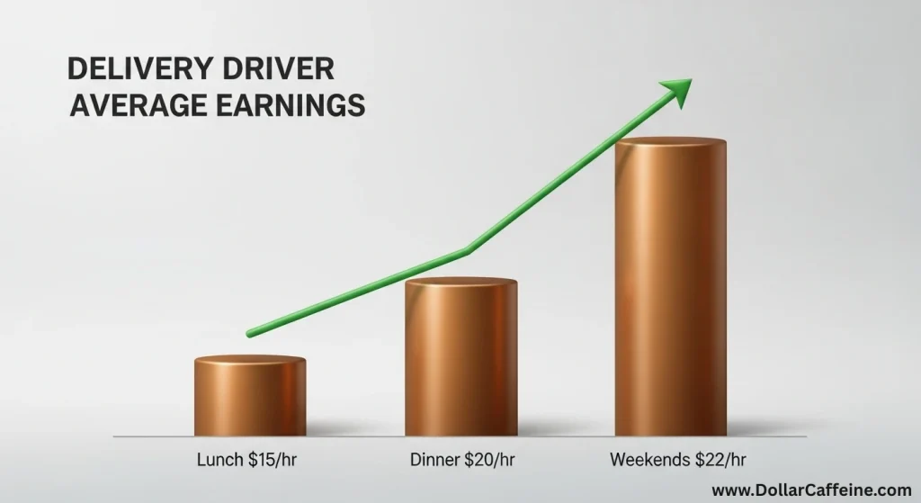 A 3D bar chart from Dollar Caffeine showing the average earnings for a delivery driver, with a clear upward trend. The chart breaks down the average hourly pay: $15/hr for lunch, $20/hr for dinner, and $22/hr on weekends. The graphic is useful for content on gig economy jobs, side hustles, delivery app earnings, and hourly wages