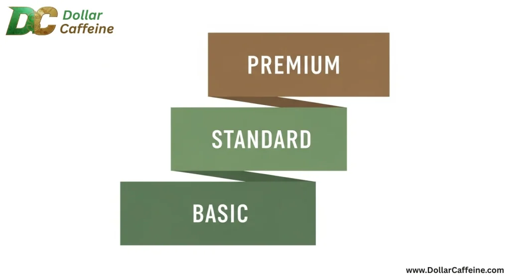 Three-tiered plan structure graphic with labels for 'Premium', 'Standard', and 'Basic' services