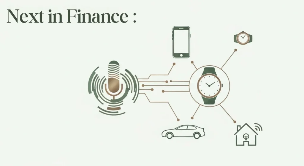 Infographic showing the Next in Finance: a central voice icon connecting to a smart home, car, phone, and watch.
