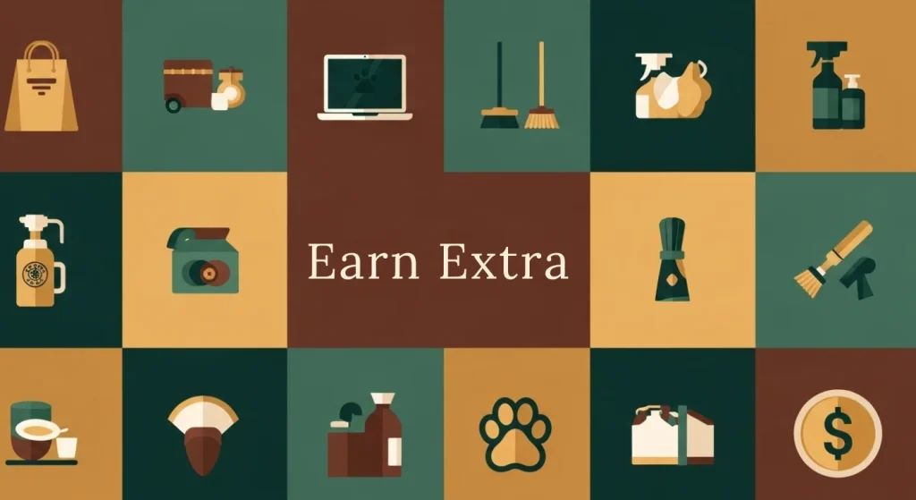 
A grid of icons representing different ways to earn extra money, including a bag, a laptop, cleaning supplies, and a dollar sign.