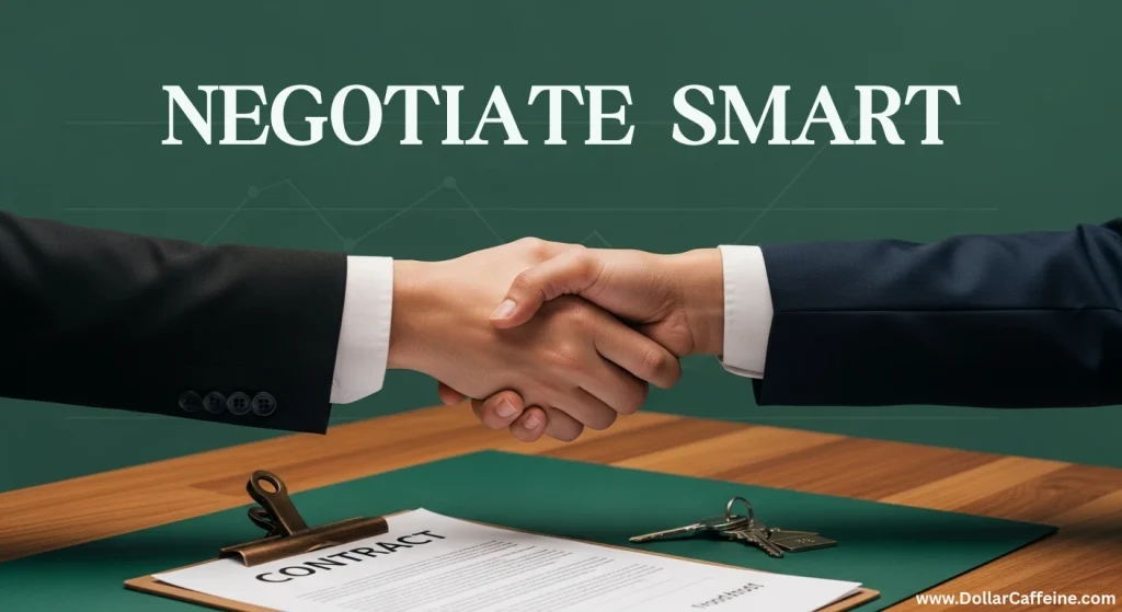 A close-up photograph of two people in business suits shaking hands over a wooden table with a dark green surface. A clipboard holding a document with the word "CONTRACT" and a set of keys are visible in the foreground. The words "NEGOTIATE SMART" are displayed prominently in white at the top of the image, and a website URL, "www.DollarCaffeine.com", is in the bottom right corner. A faint green line graph is in the background.