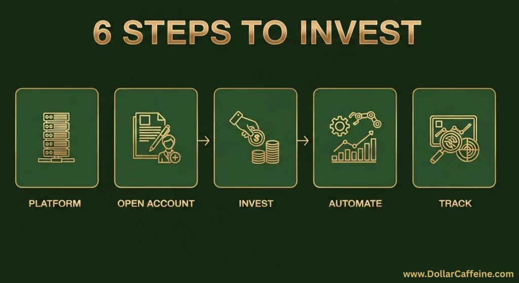 An infographic outlining the six steps to start investing, from choosing a platform to tracking.