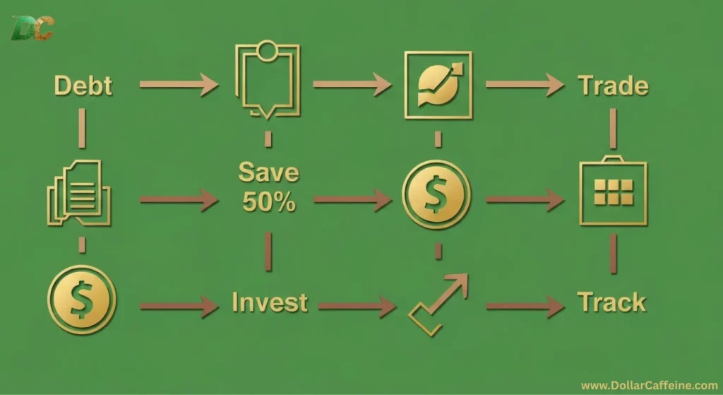 A flow chart outlining the steps to financial independence, including debt management, saving 50%, investing, and tracking progres