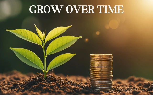 The image depicts a small green plant sprouting from the soil, positioned to the left of a tall stack of gold coins. The background is a blurry, dark green, with sunlight shining from the top right, creating a warm glow. The text 'GROW OVER TIME' is written in white, capital letters at the top of the image