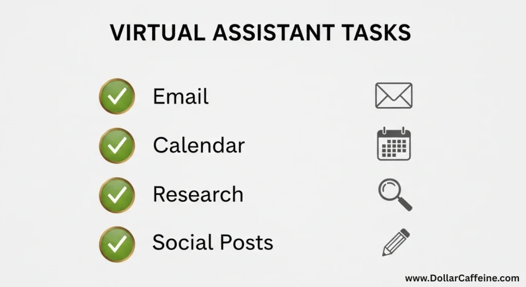 An infographic from Dollar Caffeine listing virtual assistant tasks. The list includes email management, calendar scheduling, research, and creating social media posts, with corresponding checkmark icons. This visual is relevant for topics like remote work, freelance careers, small business support, and virtual assistant services.
