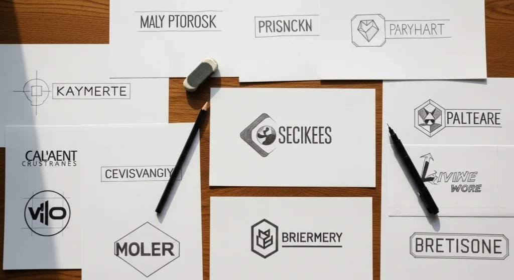 Overhead view of various hand-drawn logo concepts and designs on paper, with pencils and an eraser.