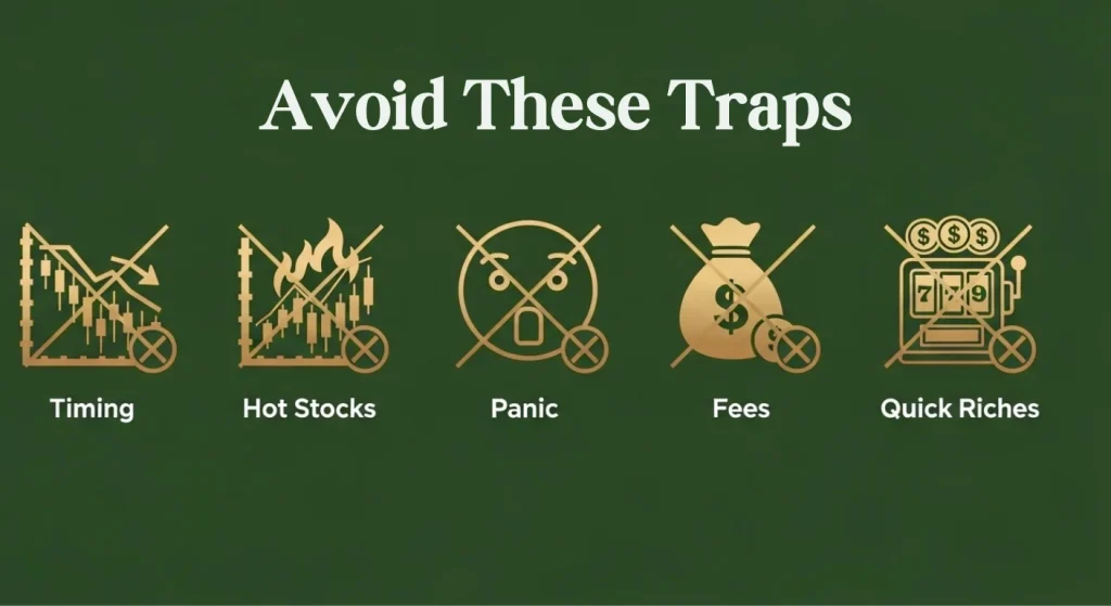 A graphic showing common investing traps to avoid, such as timing the market and chasing hot stocks.