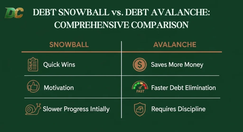 A comparative chart of the debt snowball vs. debt avalanche method, highlighting key differences.