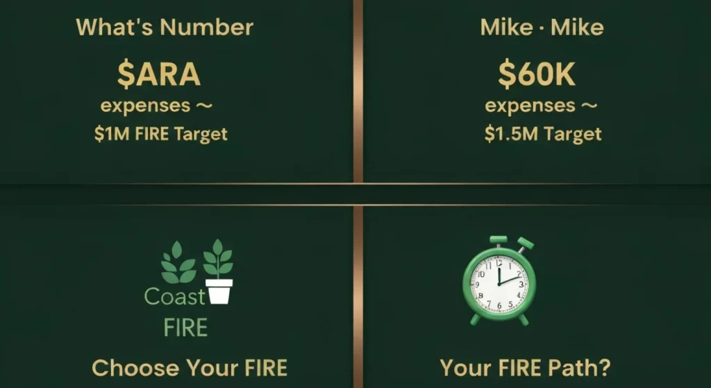 "A four-quadrant graphic comparing different FIRE numbers and paths, including Coast FIRE, with icons for plants and a clock.