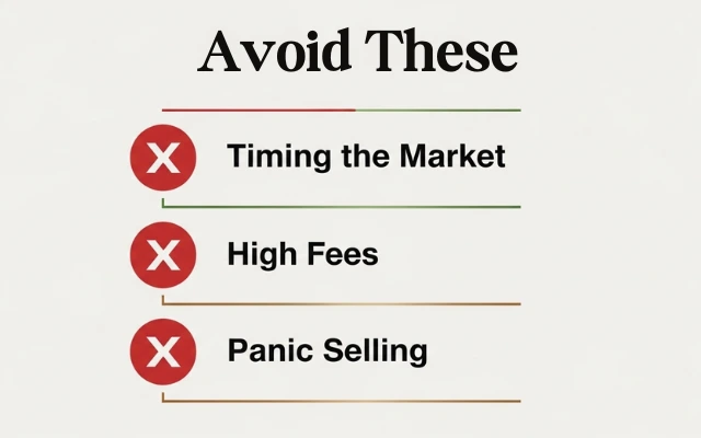 A graphic titled 'Avoid These' lists three common mistakes to avoid when investing. Each item has a red 'X' in a circle next to it. The list includes 'Timing the Market,' 'High Fees,' and 'Panic Selling.' Each item is separated by a thin horizontal line