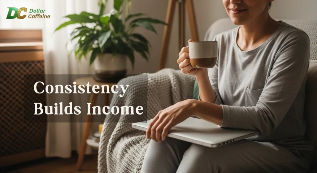 A woman in a gray shirt sits on a sofa holding a laptop and a mug, with a plant in the background. The text overlay reads "Consistency Builds Income," promoting a message about the importance of persistence for financial success. The image is from Dollar Caffeine, and it is a good fit for content on passive income, financial motivation, and side hustle advice.


