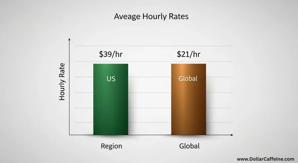 Bar chart comparing average freelance hourly rates, showing a US rate of $39/hr and a global rate of $21/hr."

