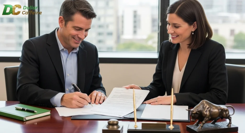 A smiling man in a suit signs a financial document at an office desk while a woman in a suit looks on. A bronze bull statue is on the desk.

