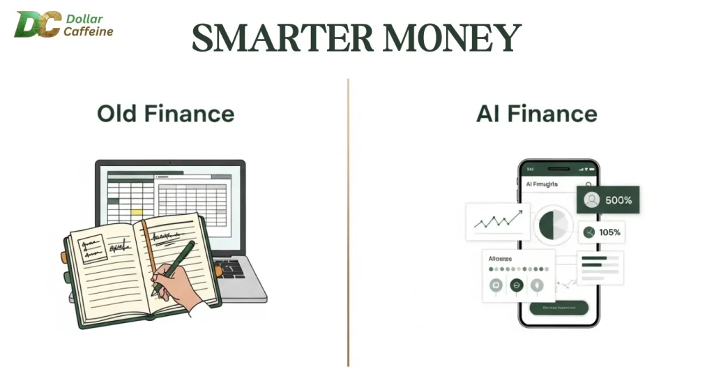 Infographic comparing Old Finance (notebook/spreadsheet) to AI Finance (mobile app) for smarter money management.