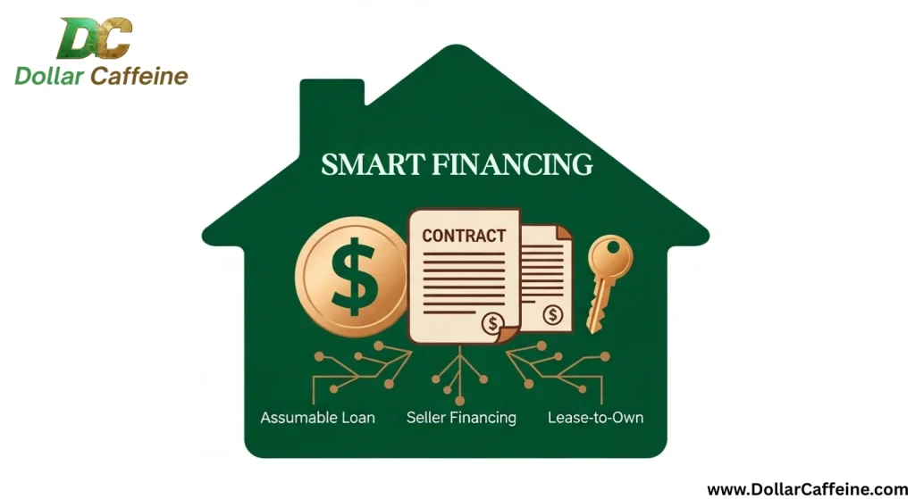 A stylized digital graphic featuring a dark green house silhouette containing various icons. Inside the house are a large gold coin with a dollar sign, two contract documents, and a gold key. The text "SMART FINANCING" is at the top. Lines connect the central icons to three financing options listed at the bottom: "Assumable Loan," "Seller Financing," and "Lease-to-Own." A "DC Dollar Caffeine" logo is in the top left, and "www.DollarCaffeine.com" is in the bottom right corner.