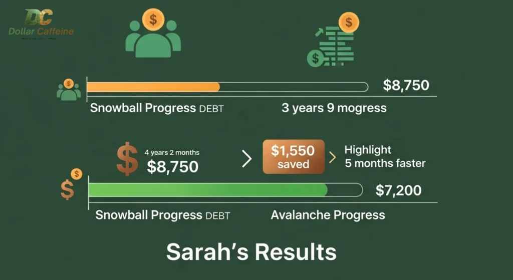 A chart showing Sarah's results from using the debt snowball and debt avalanche methods.