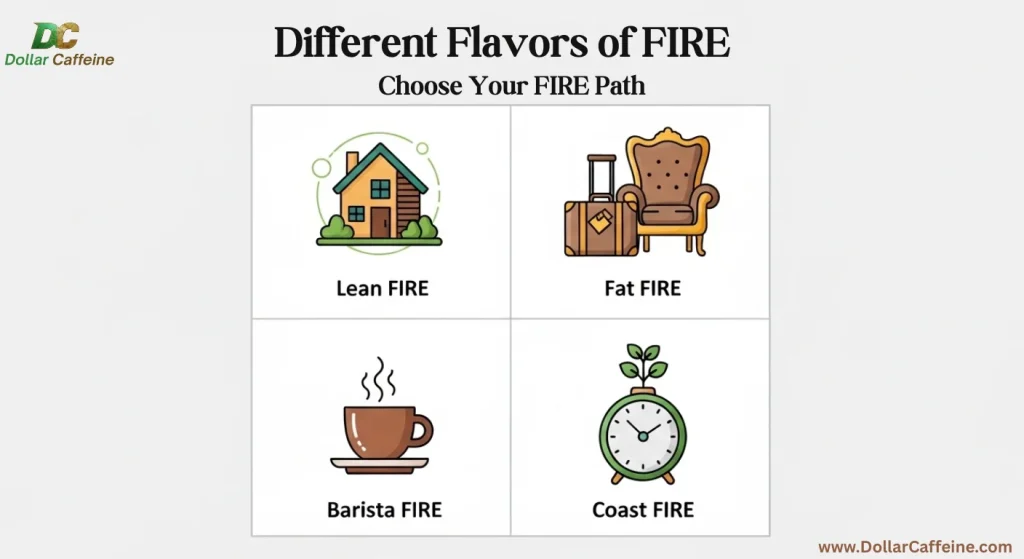 A four-quadrant graphic comparing different FIRE numbers and paths, including Coast FIRE, with icons for plants and a clock