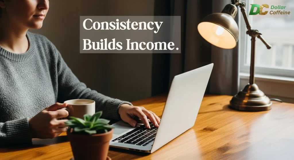 Woman working on a laptop at a desk with a mug and a plant, with the text 'Consistency Builds Income' overlaid on the image.