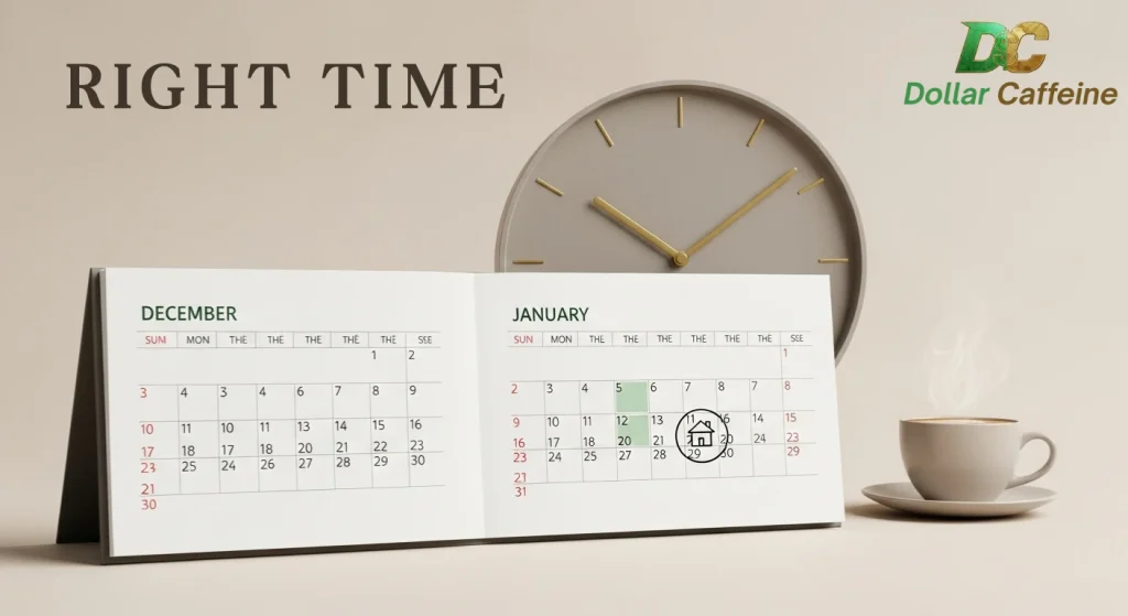 
A photograph of a small, open desk calendar displaying the months of December and January. A white circle is drawn around January 20, 21, and 22, with a small house icon drawn on the 21st, suggesting a timing for a real estate event. In the background, there is a large, minimalist clock with golden hands set near a steaming cup of coffee. The text "RIGHT TIME" is in the upper left, and the "DC Dollar Caffeine" logo is in the upper right